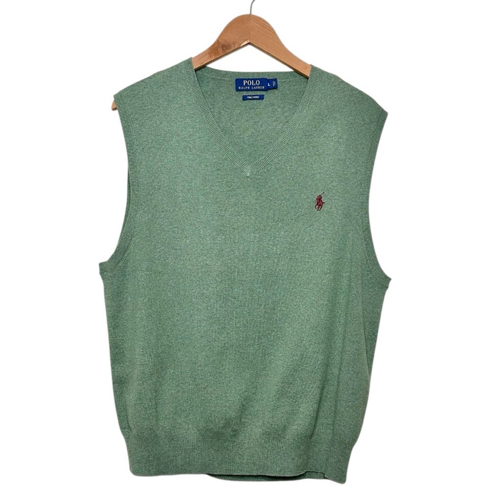 Polo Ralph Lauren V-Neck Sweater Vest Size Large Pima Cotton Olive Green Golf